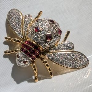 Sterling Silver Bee Zircon & Ruby Gold Plated Brooch Pin Handmade 🐝